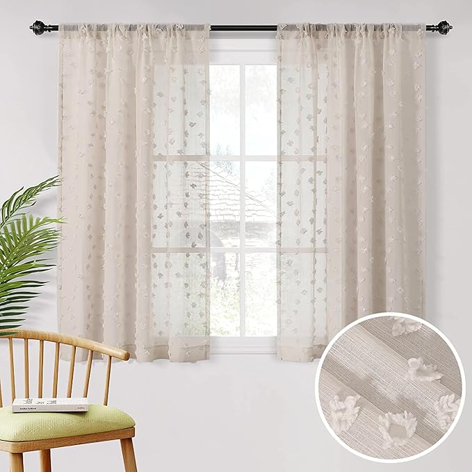 MYSKY HOME Beige Sheer Short Curtains with Pom Pom for Small Windows Bedroom Nursery Kids Girls Room Curtains Cafe Kitchen Light Filtering Boho Drapes, Rod Pocket,52 x 54 Inches, 2 Panels