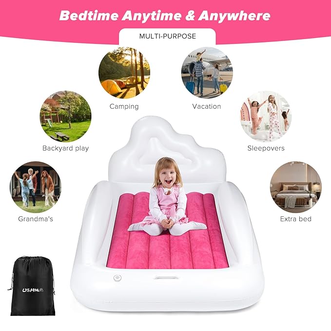Inflatable Toddler Travel Bed, Double-Sided Kids Air Mattress | Kids Blow up Mattress with Sides | Travel Portable Toddler Bed for Travel, Sleepovers - Pink & & Aquamarine