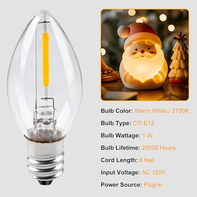 Brightown Accessory Cord with 2 LED Light Bulbs - UL Listed 5 Feet Christmas Village Cords, Rotary Switch, Fused Plug for Crafts, Halloween Pumpkin, Holiday Ornaments, White Cord, Warm White, 2 Pack