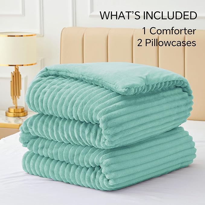 BEDELITE Fleece Queen Comforter Set -Super Soft & Warm Fluffy Haze Blue Bedding, Luxury Fuzzy Heavy Bed Set for Winter with 2 Pillow Cases