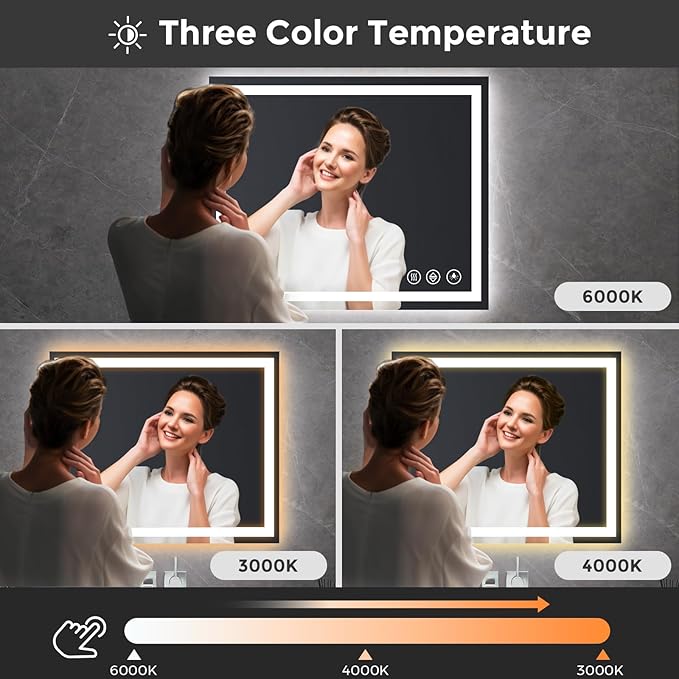 Koonmi 30x36 LED Bathroom Mirror, Backlit + Front Lit, LED Bathroom Mirror with Lights for Wall, 3 Colors, Anti-Fog, Dimmable Brightness, Memory Function, Tempered Glass