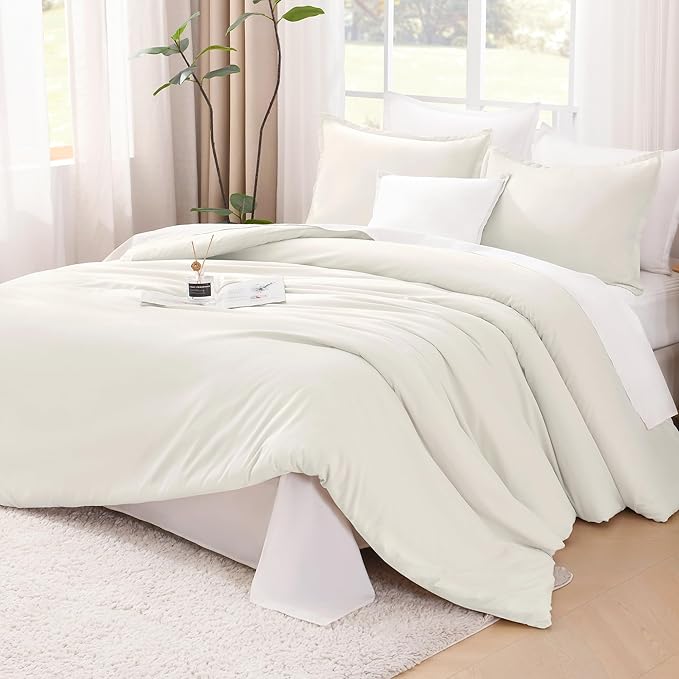 Litanika Comforters Ivory Oversized King Size, 3 Pieces Lightweight Solid Bedding Comforter Set, All Season Fluffy Bed Set (120x98In Comforter & 2 Pillowcases)