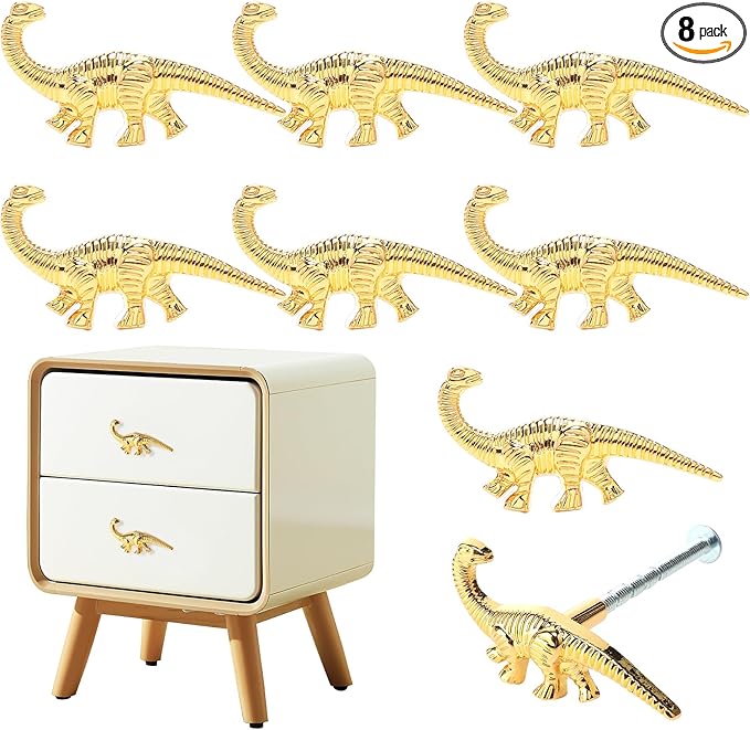 8 Pack Metal Dinosaur Knobs for Kids Furniture - Veggie Dino Theme Gold Finish Drawer Pulls & Cabinet Handles, Scratch-Resistant (Herbivore)