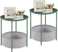 VECELO Round Side/End Table with Fabric Storage Basket，Metal Anti-Rust and Waterproof Small Bedside Nightstand with Removable Tray Top for Living Room，Balcony & Laundry，Dark Green /2pcs with Basket