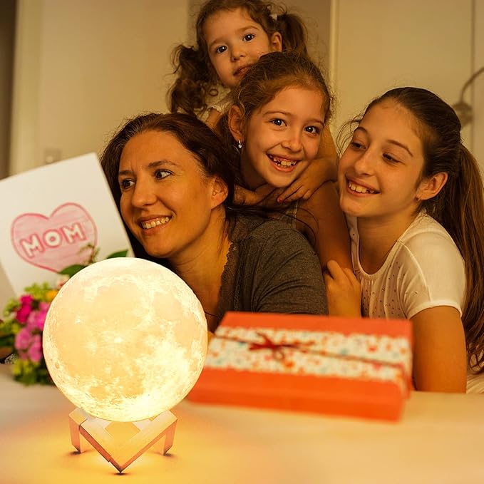 Mydethun Moon Lamp 3D Night Light - 5.9' Christmas Table Decor w/Wooden Base, Gift for Women, Mom & Kids, Bedroom Decor w/Touch-Dimmable & USB Rechargeable, Dual-Color White/Warm Yellow