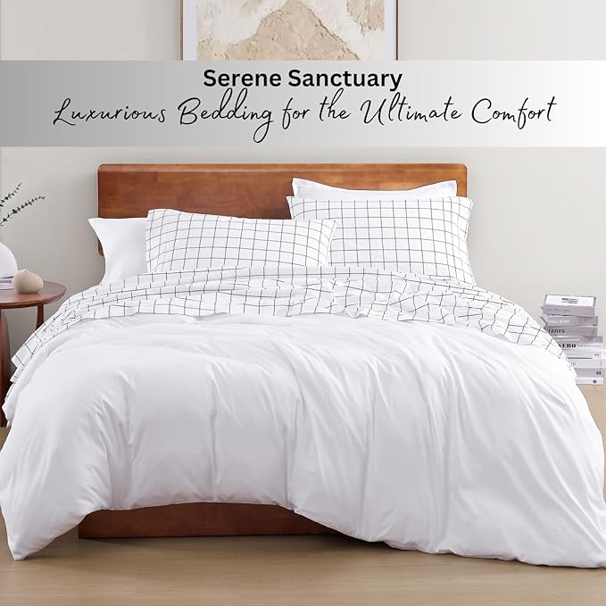 LANE LINEN 100% Organic Cotton Printed California King Sheets Set, 4-Piece Organic Cotton Long Staple Percale Weave Soft Best Bedding Sheets for Bed, Breathable- Charcoal Windowpane