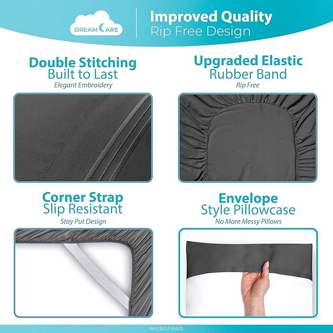 DREAMCARE Sheets Full Size Bed - Cooling Bed Sheets - 6pcs Set - Full Sheet Set - Full Size Sheets - Full Size Sheet Sets Soft & Long Lasting 100% Fine Brushed Polyester with Side Pocket - Dark Gray