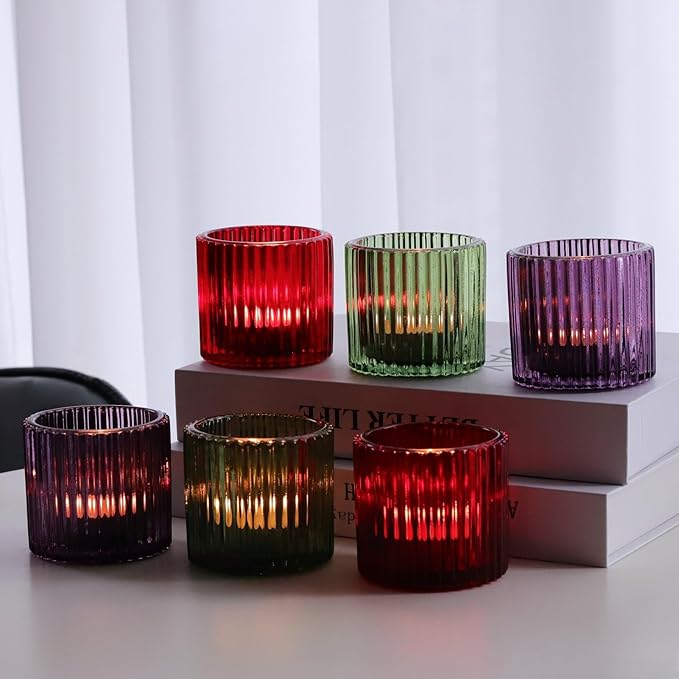 VOHO 3 Color Votive Candle Holders for Easter Decor, 6pcs Large Tealight Candle Holder for Votive Tea Lights Candles, Ribbed Tea Light Candle Holder Glass Gifts for Halloween/Thanksgiving/Christmas