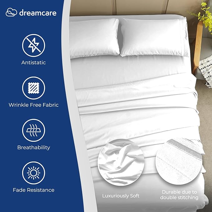 DREAMCARE Full Size Sheets – 4 pcs Cooling Sheets – up to 21” Deep Full Sheet Set – Hotel Luxury Sheets & Pillowcases – Superior Softness 100% Fine Microfiber with Side Pocket – White