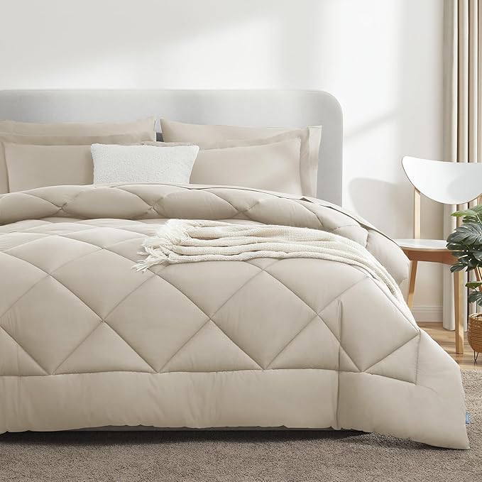 CozyLux California King Comforter Set Oatmeal - Cal King Bed in a Bag 7 Pieces, Luxury Soft Bed Set for All Seasons, Bedding Set with Down Alternative Comforter, Sheets, Pillowcases & Shams