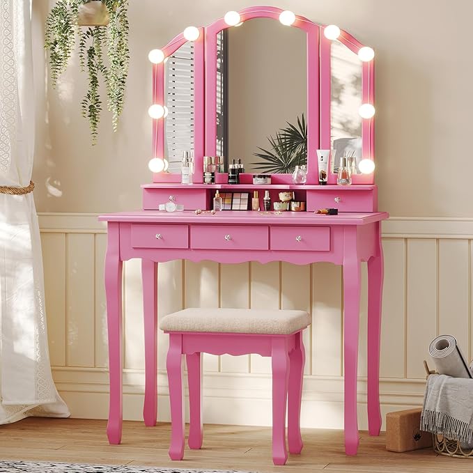 Tiptiper Vanity Desk with Tri-Fold Mirror and Lights, Makeup Vanity with Wood Upholstered Stool, Makeup Desk with 5 Drawers & 8 Jewelry Hooks, Small Vanity, Pink