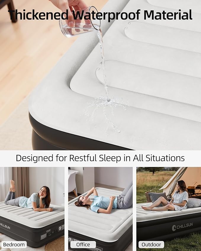 CHILLSUN 2025 Upgraded Queen Air Mattress with Built in Pump, 3 Mins Quick Self-Inflation Blow Up Mattress, 18" Luxury Flocked Top Inflatable Mattress, Airbed for Camping Guests and Home