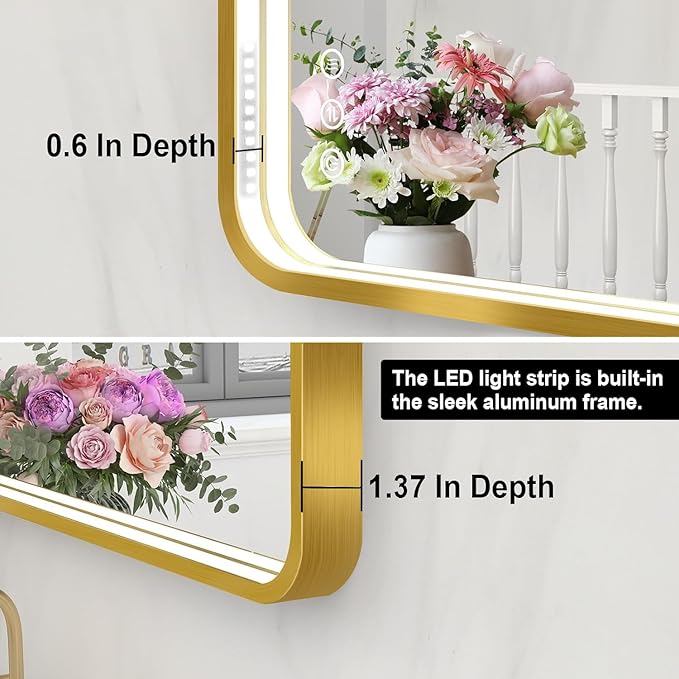 LED Bathroom Mirror with Lights, 30x36 Inch Gold Metal Framed LED Mirror for Bathroom, 3 Colors and Stepless Dimmable Wall Mounted Lighted Bathroom Vanity Mirror, Anti-Fog, Memory