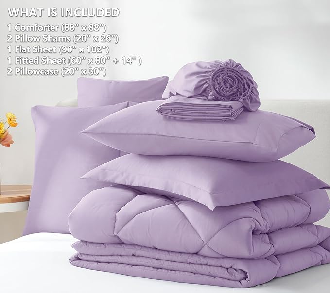 CozyLux Queen Comforter Set Light Purple - Bed in a Bag Queen Size 7 Pieces, Luxury Soft Lavender Bed Set for All Seasons, Bedding Set with Down Alternative Comforter, Sheets, Pillowcases & Shams