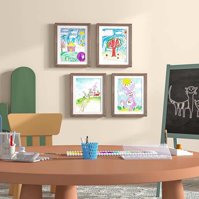 KINLINK 10x12.5 Kids Art Frames Set of 2, Solid Wood Kids Artwork Frames Changeable with Acrylic Front Opening Holds 150 Pictures, Art Frame for Kids Artwork with Mat or without Mat, Brown Wood