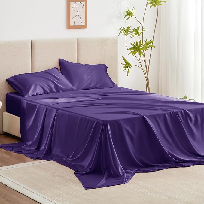 Love's cabin Full Size Satin Sheet Sets - 4 Piece Purple Silky Sheet Set Full with Deep Pocket, Luxury Silk Feel Bed Sheets Full Bedding Set (1 Flat Sheet,1 Fitted Sheet,2 Pillow Cases)