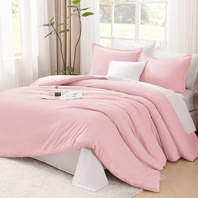 Litanika Comforters Pink Super King Plus Size, 3 Pieces Lightweight Solid Bedding Set & Collections, All Season Fluffy Bed Set (128x120In Comforter & 2 Pillowcases)