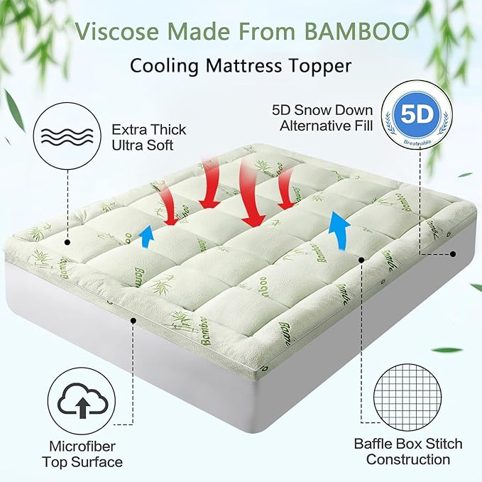 Premium Viscose Made from Bamboo RV King Size Mattress Topper for Back Pain, Quilted Fitted Extra Thick Mattress Pad,Pillow Top Mattress Cover with Deep Pocket Up to 21 Inches（72 * 80inch）