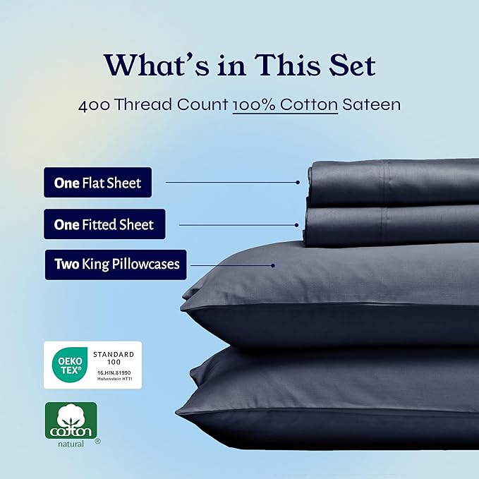 California Design Den King Bed Sheets Set - Soft 400 Thread Count Sateen, Natural 100% Cotton Sheets, Deep Pockets with All-Around Elastic, Cool & Durable Bedding Set - Indigo Dusty Blue