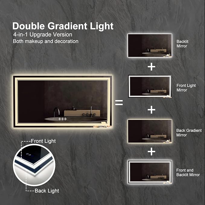 LED Bathroom Mirror, 60x32 Inch Gradient Front and Backlit Bathroom Mirror, 3 Colors Dimmable CRI>90 Double Lights, IP54 Enhanced Anti-Fog, Hanging Plates Wall Mount Lighted Mirror