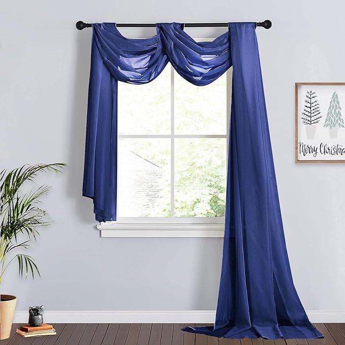 RYB HOME Sheer Curtains Scarf - Long Windows Valance for Living Room Home Decoration for Canopy Bed Ceremony Backdrop Outdoor Indoor Decor, 60 x 216 inches Long Each, 2 Panels, Navy Blue