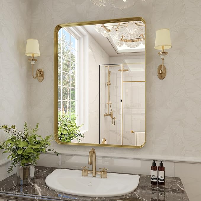 VooBang Bathroom Mirror 20x30 inch, Gold Gorgeous Deep Frame Wall Mirror, Modern Round Corner Bathroom Vanity Mirror for Bedroom, Living Room, Hanging or Leaning Horizontal or Vertical, Gold