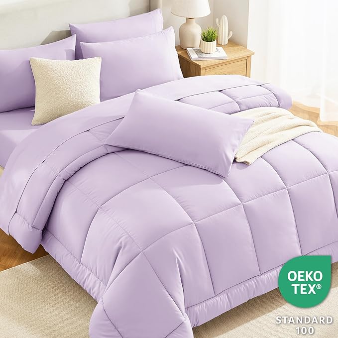 CozyLux King Size Comforter Set Lavender, 7 Pieces Bed in a Bag, Light Purple Comforter King Size, All Season Bedding Sets with Stitch Quilted Comforter, Flat Sheet, Fitted Sheet, Pillowcases