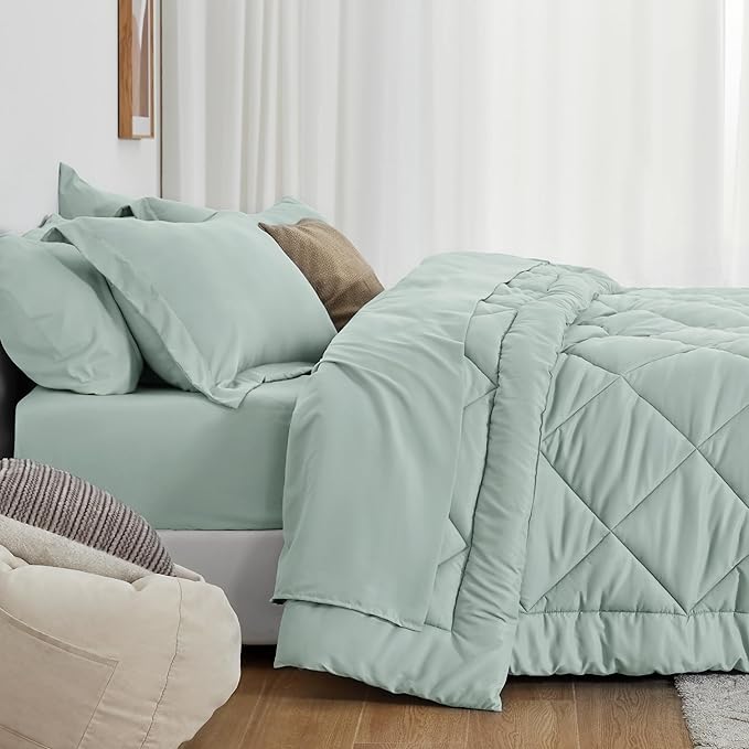 Love's cabin King Size Comforter Set Aqua, 7 Pieces King Bed in a Bag, All Season Bedding Sets with 1 Comforter, 1 Flat Sheet, 1 Fitted Sheet, 2 Pillowcase and 2 Pillow Sham