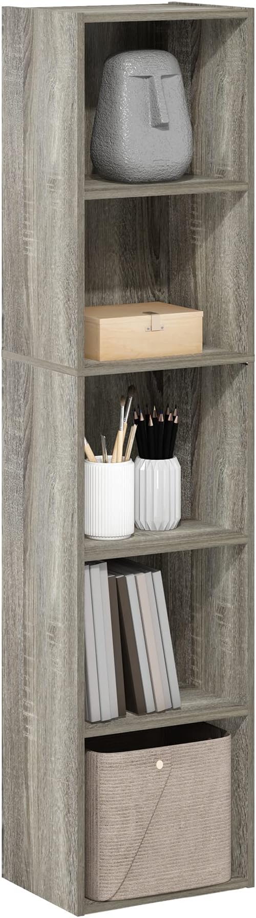 Furinno PASIR Book Shelf, 5-Tier Modern Bookshelf, Open Shelves Bookcase 9" x 12" x 52", for Living Room, Bedroom, Home Office, French Oak