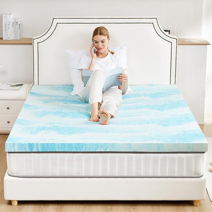 Sweetcrispy Mattress Topper Queen, 4 Inch Thick Memory Foam Gel Infused Cooling Toppers Pad for Queen Size Bed, Sleeper Sofa, RV, Camper, CertiPUR US Certified, Ventilated and Breathable, Blue