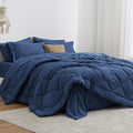 Love's cabin Queen Comforter Set Dark Blue, 7 Pieces Queen Bed in a Bag, All Season Bedding Sets with 1 Comforter, 1 Flat Sheet, 1 Fitted Sheet, 2 Pillowcase and 2 Pillow Sham