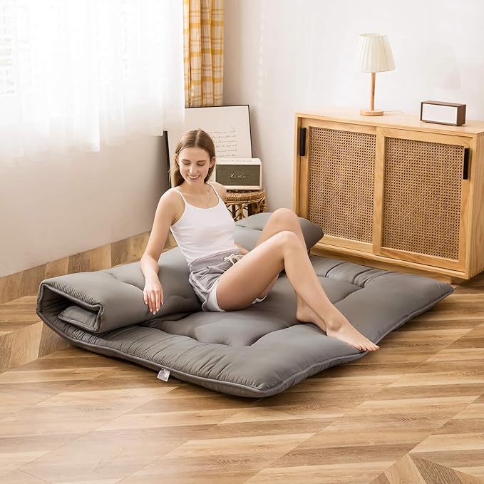 MAXYOYO Japanese Shiki Futon Mattress Floor Mattress Thicken Tatami Mat Sleeping Pad Roll Up Mattress Floor Lounger Bed Folding Couch Bed Mattress Pad for Guest Room, Charcoal Grey, King