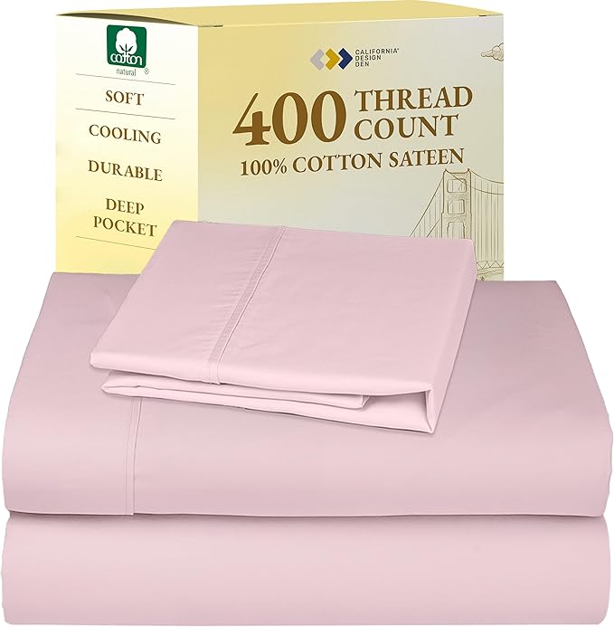 California Design Den Twin XL Sheet Sets - 400 Thread Count Sateen, 100% Cotton Sheets Set, Deep Pockets, Cooling and Durable Bedding for Dorm Rooms & Adults - Pink