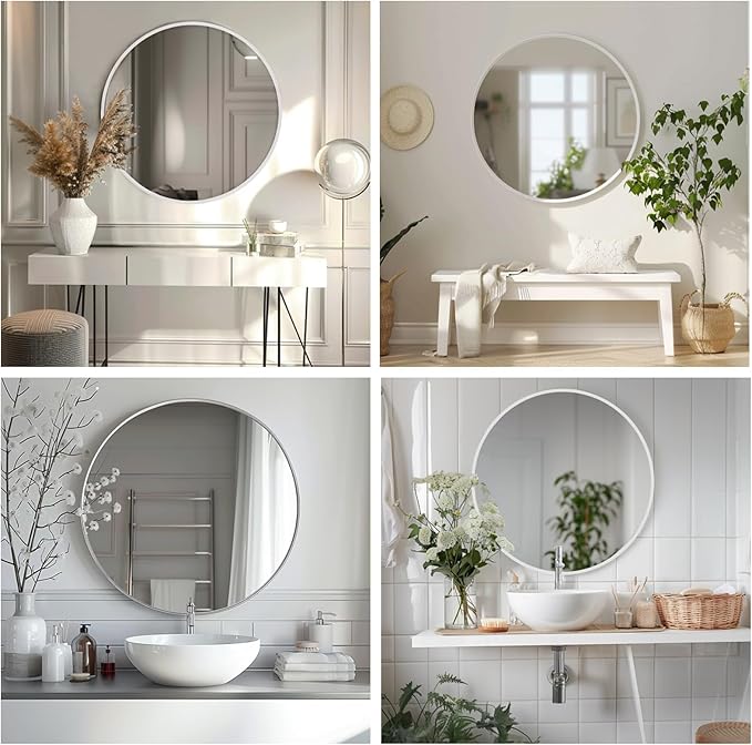White Round Mirror, White Circle Mirror 24 inch, Matte Metal Frame Round Mirrors, Circle Mirrors for Bathroom, Living Room, Bedroom, Hallway.