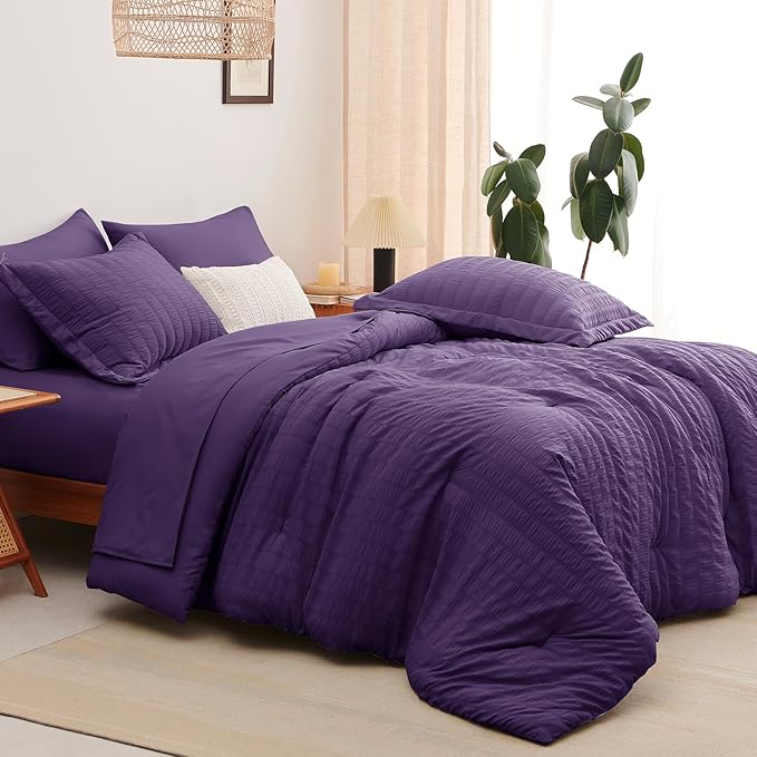 CozyLux King Size Comforter Set Purple Seersucker 7 Pieces Bed in a Bag King Comforter Set with Sheets, Luxury Soft Bedding Set with Down Alternative Comforter, Sheets, Pillowcases & Shams All Seasons