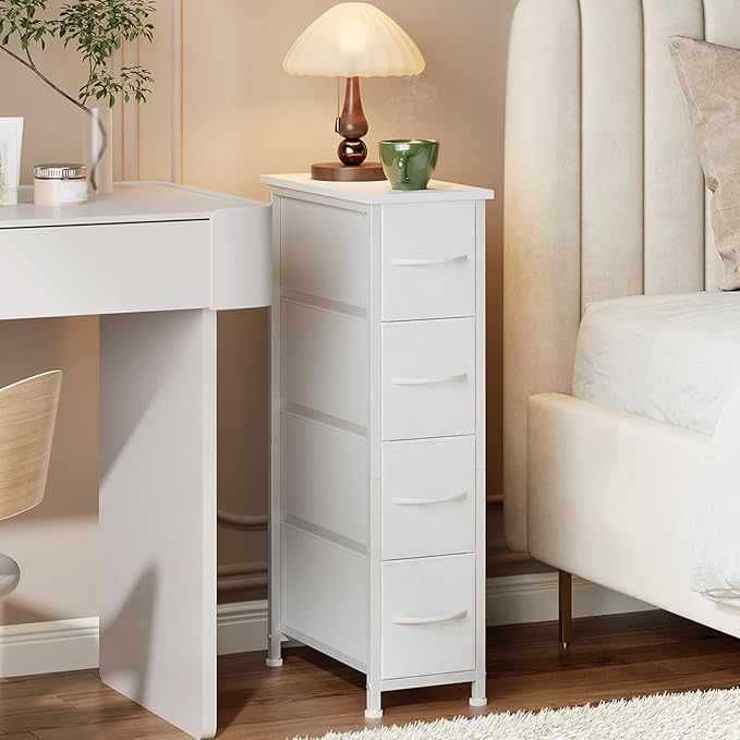 Somdot Narrow Dresser with 4 Drawers, Slim Storage Organizer Chest of Drawers with Removable Fabric Drawers for Small Spaces Bathroom Closet Bedroom Laundry, White Leather