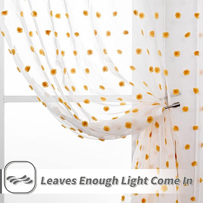 MYSKY HOME Living Room Curtains 2 Panels 95Inch Orang White Sheer Curtains for Bedroom Windows Light Filtering Semi Cute Pom Pom Curtains Sliding Door Extra Long Rod Pocket Backdrop 52" x 95"