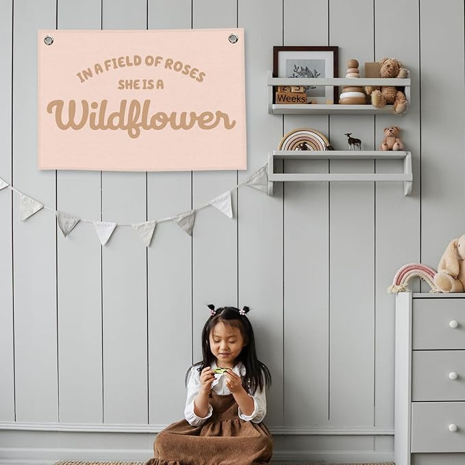 Pink Girls Kids Banner Canvas, Preppy Girly Toddler Room Decor, Inspirational She Is A Wildflower Hanging Flag Sign, Nursery Wall Tapestry Art for Baby Shower Playroom Bedroom Decor 20x30in