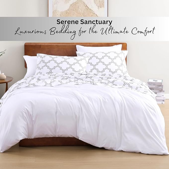 LANE LINEN 100% Organic Cotton Sheets RV Queen, 4-Piece Bed Sheets Short Queen Size Cotton, Luxury Sheets, Percale Weave,Breathable Bed Sheets RV Queen Size Deep Pockets Fits Upto 15"- Trellis Silver