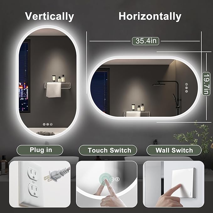 S'bagno 20x36 Inch Oval LED Mirror for Bathroom with Front and Backlight, Anti-Fog, 3 Colors Temperature & Dimmable, Bathroom Mirror with Lights with Memory Function, Waterproof, Shatter-Proof