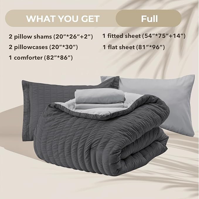 HYMOKEGE Dark Grey/Light Grey Full Size Comforter Sets Seersucker 7 Pieces, All Season Luxury Bed in a Bag for Bedroom, Bedding Set with Comforter, Sheets, Pillowcases & Shams