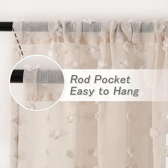 MYSKY HOME Pom Pom Beige Sheer Curtains for Bedroom Girls Room Curtains 108 Inches Long for Nursery Kids Light Filtering Boho Window Drapes, Rod Pocket, 38" Wide, 2 Panels