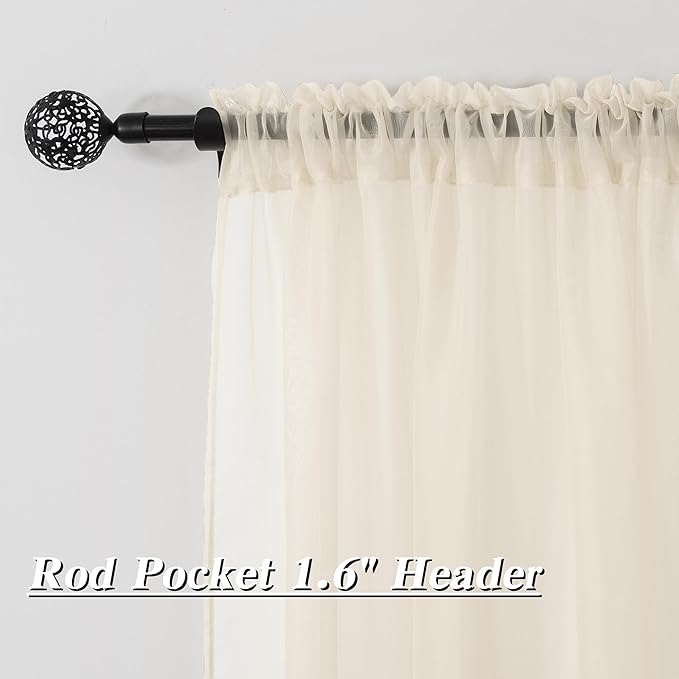 HUTO Cream Beige Sheer Curtains 63 Inch Length Rod Pocket Beige Sheer Voile Window Curtain Drapes for Bedroom Living Room 2 Panels