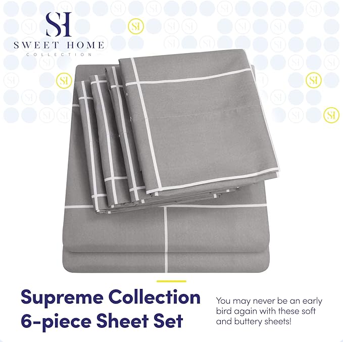 Cal King Size Bed Sheets - 6 Piece 1500 Supreme Collection Fine Brushed Microfiber Deep Pocket California King Sheet Set Bedding - 2 Extra Pillow Cases, Great Value, California King, Window Pane Gray