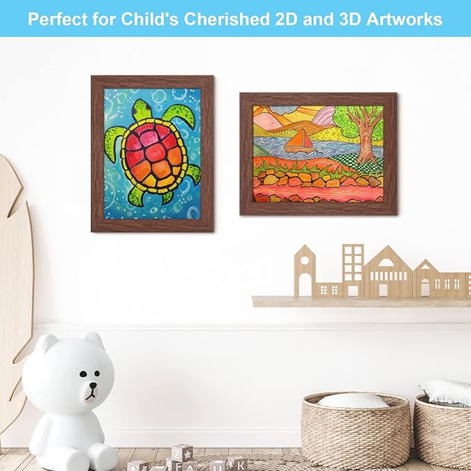 [3Pack] Kids Art Frames, 9x12 Front Opening Kids Artwork Frames Changeable, Brown Artwork Display Storage Frame for Wall, Holds 50 Pcs, for 3D Picture, Crafts, Children Drawing, Hanging Art, Portfolio