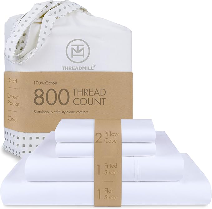 Threadmill Luxury 800 Thread Count King 100% Cotton Sheets - Hotel White Sateen Weave Bed-Sheets, Better Than Egyptian Cotton, 4 Pc Solid Soft Bed Set, Fits 16" Deep Pocket