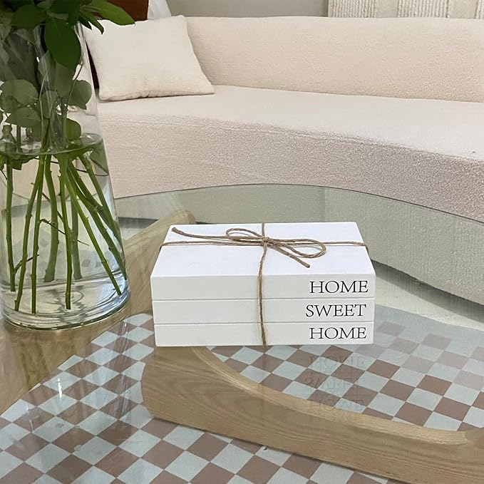 Decorative Books for Home Decor, White Faux Books for Decoration, Rustic Farmhouse Stacked Display Books with 52in Wood Bead Garland for Coffee Tables Living Room, (Home Sweet Home)