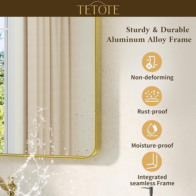 TETOTE Gold Vanity Mirror 20 x 30 Brushed Gold Metal Framed Vanity Mirror, Tempered Glass, Modern Farmhouse Wall Mounted Mirrors for Decorative(Horizontal/Vertical)