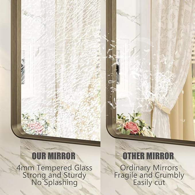 28x32 Bronze Bathroom Mirror, Brushed Metal Bathroom Vanity Mirrors for Wall, Rounded Corner Bronze Rectangle Mirror for Farmhouse, Bedroom, Anti-Rust (Horizontal/Vertical)