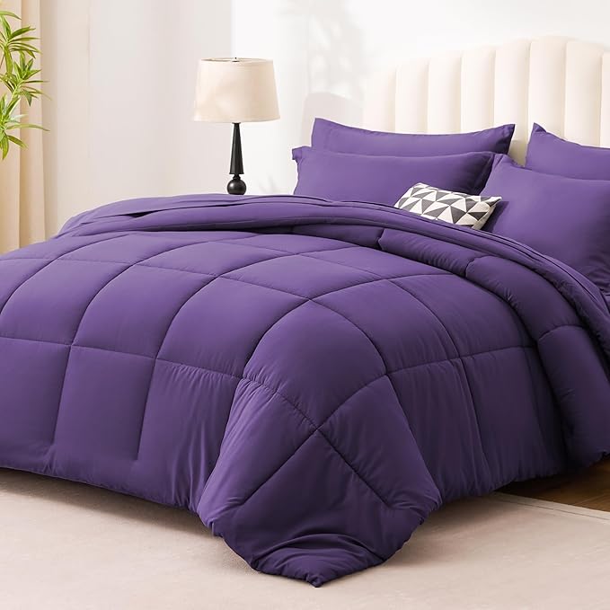 Love's cabin Full Comforter Set Dark Purple, 7 Pieces Full Bed in a Bag, All Season Bedding Sets with 1 Comforter, 1 Flat Sheet, 1 Fitted Sheet, 2 Pillowcase and 2 Pillow Sham